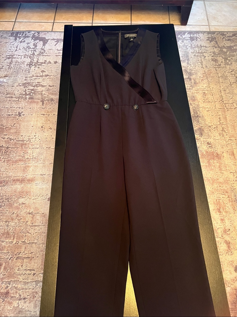 St. John Plum Sleeveless V-Neck Jumpsuit with Satin Trim